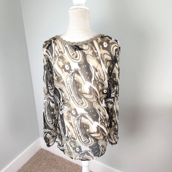 Tribal Women’s Sheer Black Green Ruffled Neckline Blouse Top Long Sleeve Size 14 - Picture 7 of 9